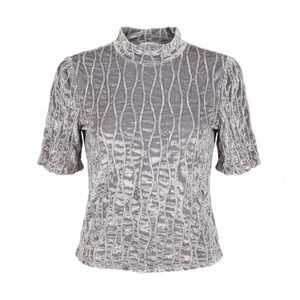 Calligraphe Grey-Lilac Velvet Mock Neck Ruched Puff Short Sleeve Top Women's XL